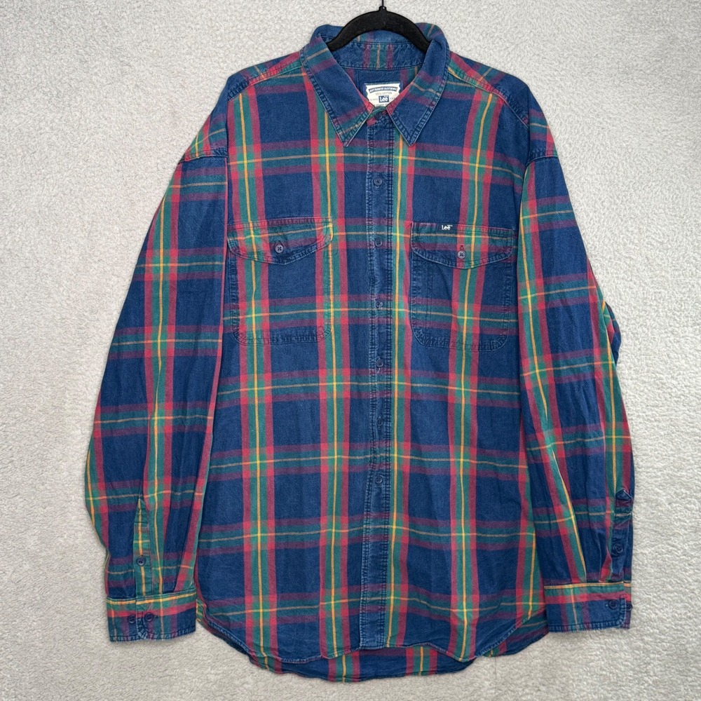 Vintage Lee Authentic Clothing Plaid Flannel Shirt Mens XL Blue Red Made in USA